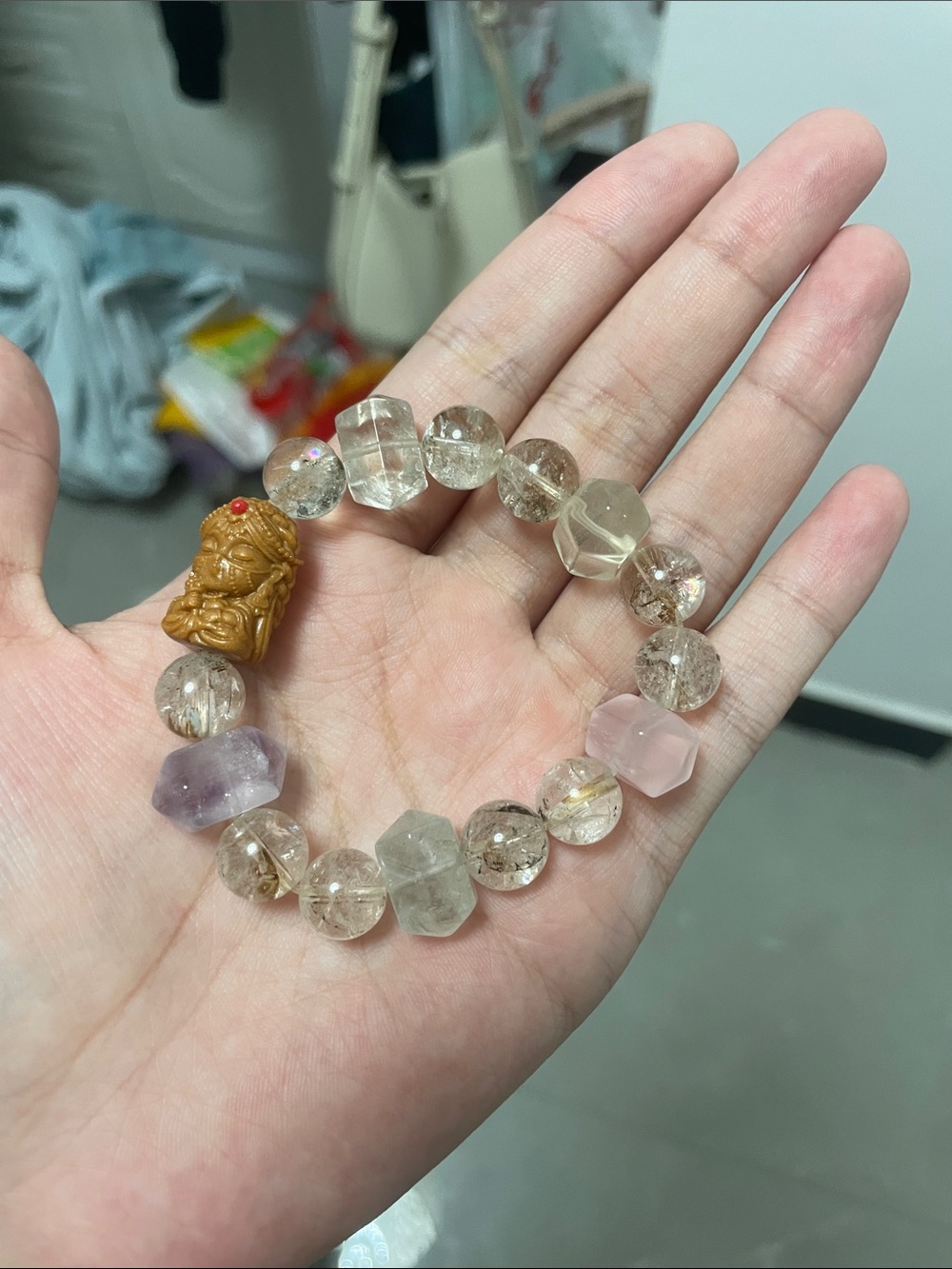 Multicolor Gemstone Bead Bracelet with Carved Accent